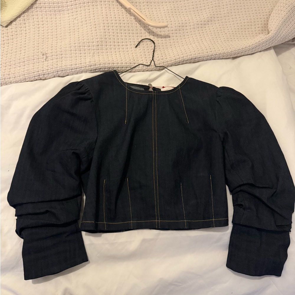 Cinq à Sept Denim Crop Top with Puff Sleeves